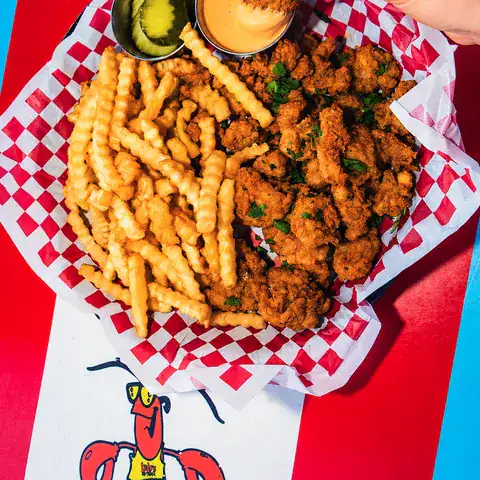 Basket of fried Gator Bites with fries and dipping sauce
